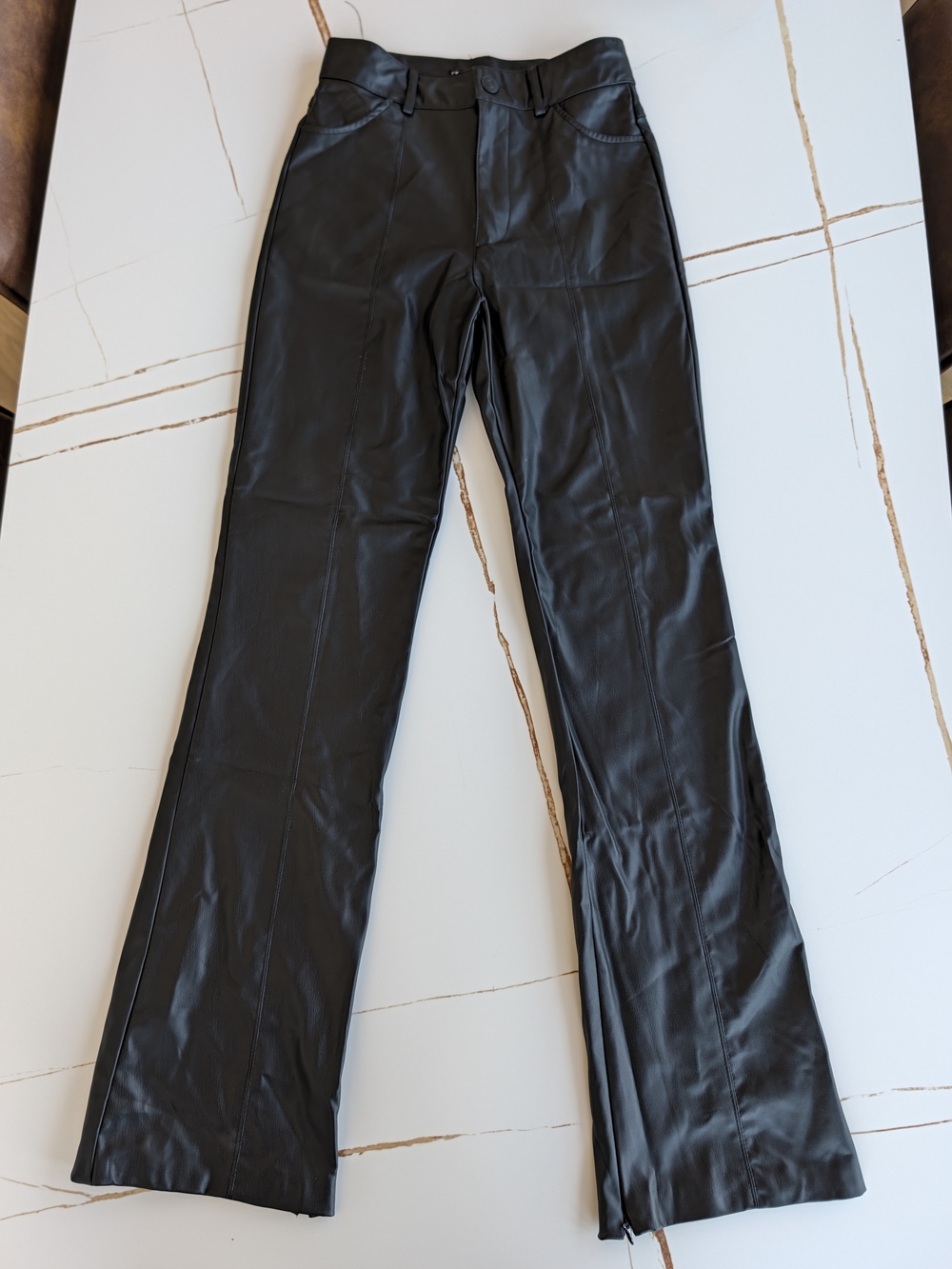 Zara Black Faux Leather Wide-Leg Flare Jeans